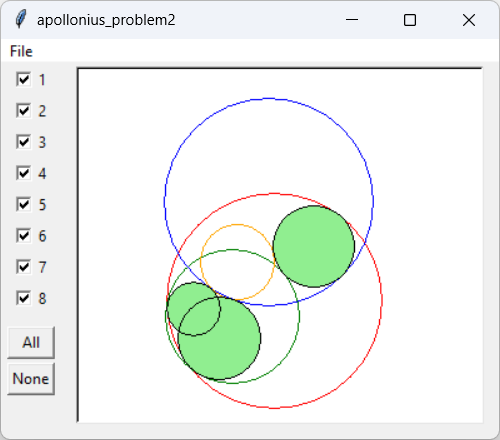 [Three circles and their Apollonius circles.]