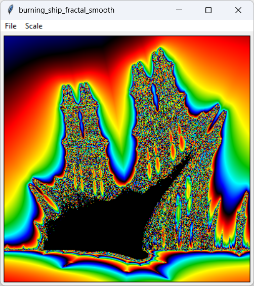 [A burning ship fractal drawn with smooth colors in tkinter and Python]