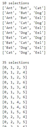 [This example generates all the selections of K items from a set of N items in Python.]