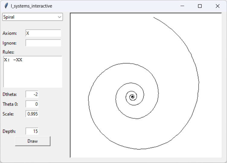 [A spiral drawn interactively using an L-System]