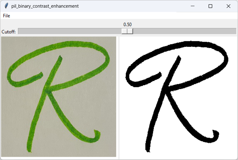 [An image (left) and its binary contrast enhancement (right)]
