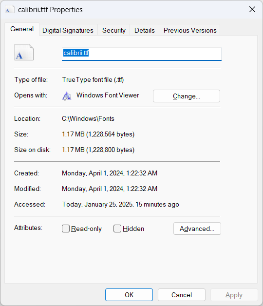 [In Windows, the Properties dialog shows a font's file name]