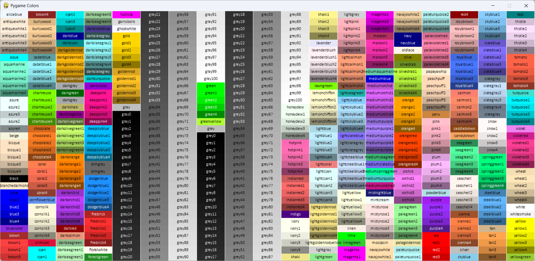 [A table showing Pygame's named colors]