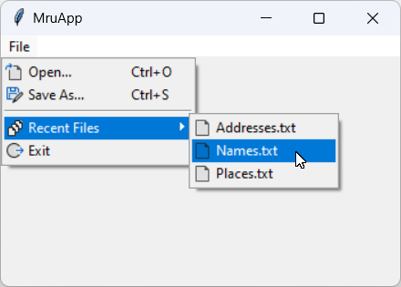 [This examples shows how you can add an MRU (most recently used file) list to a program in Python and tkinter.]