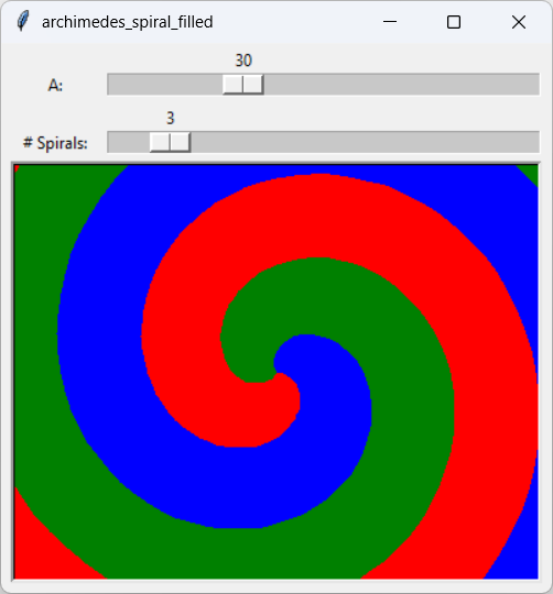 [Three filled Archimedes spirals drawn in Python]