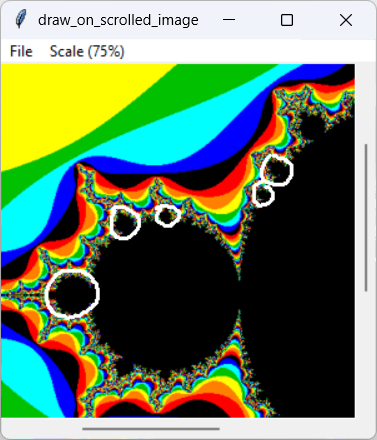 [White circles mark some places where the Mandelbrot set contains copies of itself]