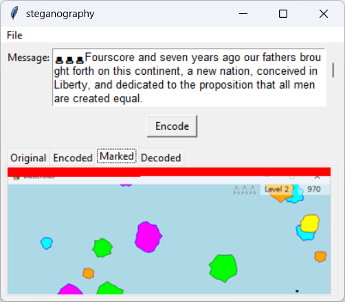[Red pixels show where the message is hidden]