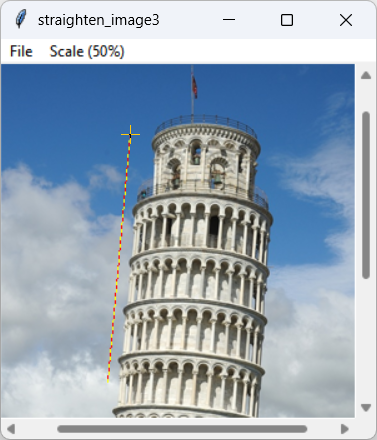 [This example draws red and yellow dashed lines to straighten images in Python]